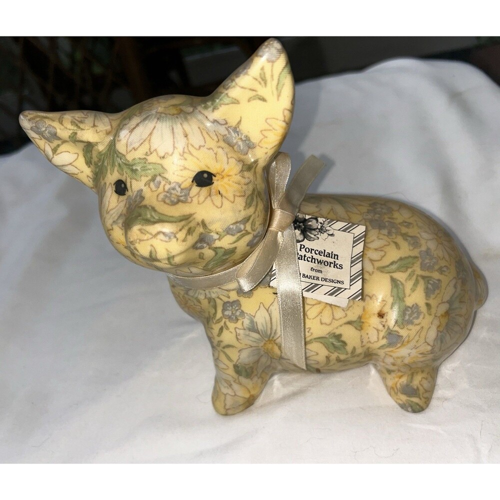 Vintage Joan Baker Designs Porcelain Patchwork Large Floral Pig Figurine w/ tags
